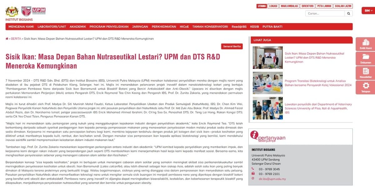 UPM Berita feature about fish scale nutraceutical research